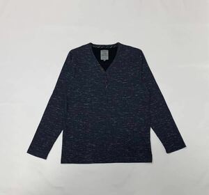 Louis Chavlon ルイスシャブロン // 長袖 テレコストライプ柄 重ね着風 Vネック Tシャツ・カットソー (杢ダークブルーグレー系) サイズ L