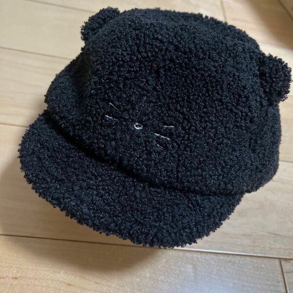 ガールズ(52cm) ニットキャップ 少しモコモコ　柔らか素材　黒　猫耳 キャップ 帽子 ブラック系