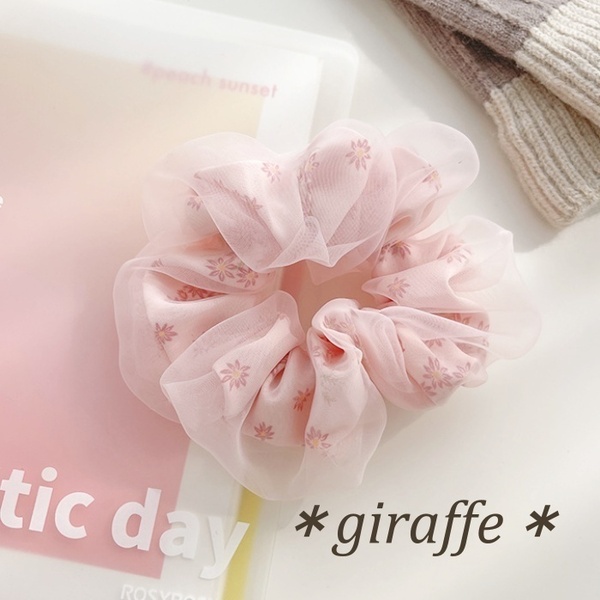 E044 シュシュ ピンク 花柄 シフォン フラワー レディース ヘアーゴム 髪ゴム 透け感 可愛い