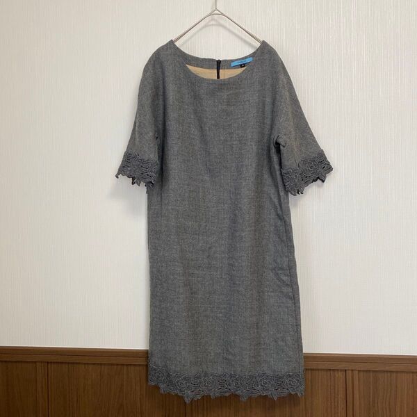 TSUNODA PARIS ツノダパリ レースワンピース 上品 ひざ丈 ウール 半袖 グレー