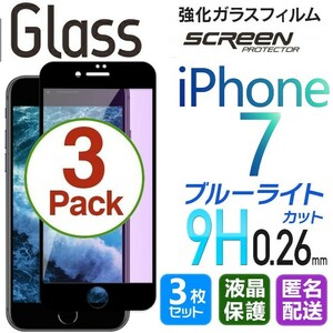 3枚組 iPhone 7 ガラスフィルム ブルーライトカット ブラック 即購入OK 平面保護 匿名配送 送料無料 アイフォンセブン 破損保障あり paypay