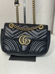 1円 美品 GUCCI グッチ GGマーモント キルティングレザー ミニバッグ チェーンショルダー ショルダーバッグ ブラック