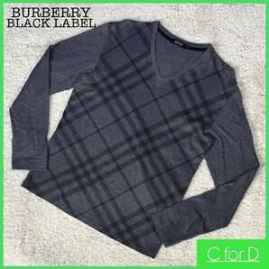 ★BURBERRY BLACK LABEL★2 (Mサイズ相当) バーバリーブラックレーベル 長袖 メンズ グレー Vネック チェック トップス ロンT Tシャツ T027