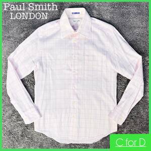 ★Paul Smith LONDON★Mサイズ ポールスミス ロンドン 長袖 シャツ メンズ ピンク チェック ステッチ トップス Yシャツ ビジネスシャツY056