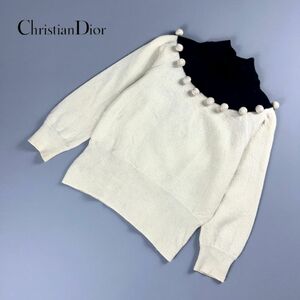 Christian Dior クリスチャンディオール ウール100% ポンポン付きハイネックニットトップス レディース 白 黒 サイズL*MC885