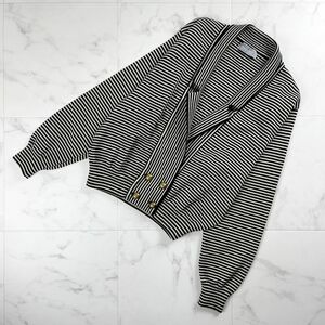 美品 JAEGER LONDON イエーガー 金ボタン ボーダー ウール 襟付きニットカーディガン トップス レディース 白黒 サイズ34*MC556