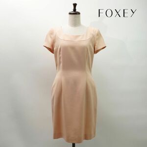 美品 FOXEY フォクシー ウール100% 半袖膝丈ワンピース 裏地あり レディース ピンクベージュ サイズ40*NC132