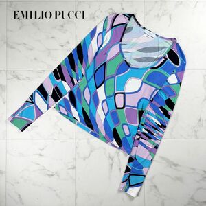 美品 Emilio Pucci エミリオプッチ 総柄 ワイドネック 長袖カットソー トップス レディース 青系 ブルー系 サイズS*NC151