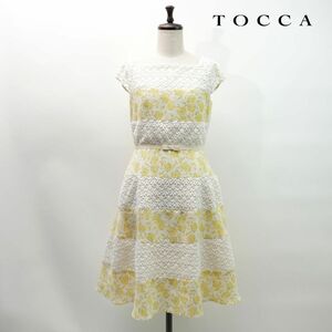 美品 TOCCA トッカ 切替レース ウエストリボン セミスリーブ フレアワンピース 膝丈 裏地あり レディース 黄色 白 サイズ0*MC446