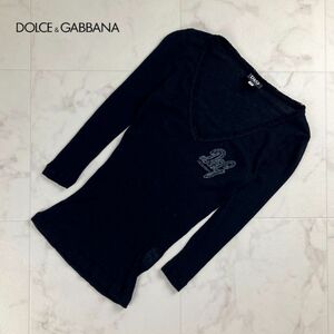 Dolce & Gabbana ドルチェ&ガッバーナ Vネック 七分袖リブカットソー トップス レディース 黒 ブラック サイズXS*MC510