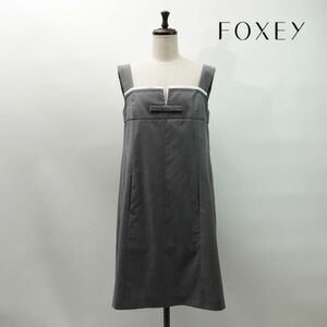 美品 FOXEY フォクシー ウール100% リボンデザインジャンパースカート バックジップ 膝丈 裏地あり レディース グレー サイズ42*NC771