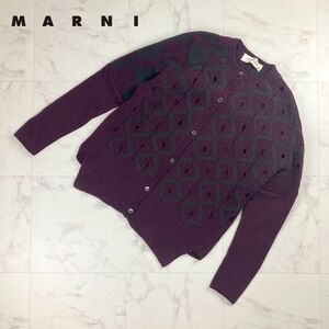 美品 MARNI マルニ ウール・カシミヤ混 デザイン編みニットカーディガン バックリボン トップス レディース エンジ 茶色 サイズ40*NC846