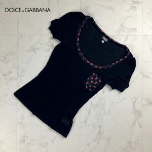 美品 Dolce & Gabbana ドルチェ&ガッバーナ 木の実 切替 ワイドネック リブ ウール 半袖Tシャツ 胸ポケット レディース 黒 サイズXS*MC515