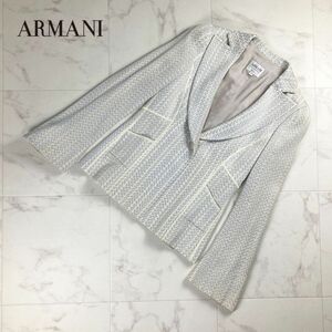 美品 ARMANI COLLEZIONI アルマーニコレツォーニ 総刺繍 リネンシングルボタン テーラードジャケット 総裏 レディース 水色 サイズ38*MC522