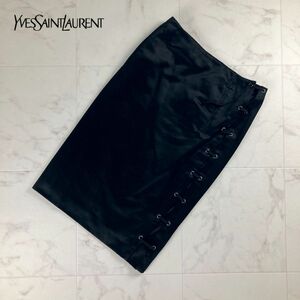 美品 Yves Saint Laurent イヴ・サンローラン イタリア製 レースアップタイトスカート 膝丈 裏地あり 黒 ブラック サイズ36*NC1109