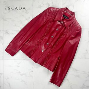 美品 ESCADA エスカーダ ラムナッパレザージャケット フロントデザイン アウター レディース 赤 レッド サイズ34*NC1073