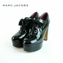 MARC JACOBS マークジェイコブス 37 24.0 ブーティー ヒール レースアップ エナメル 黒 ブラック /NC22_画像1