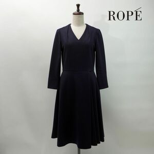 美品 ROPE ロペ ウール100% Vネック長袖タックフレアワンピース 膝丈 裏地あり レディース 紺 ネイビー サイズ38*NC127