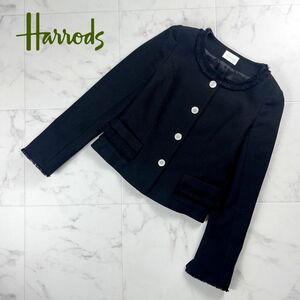 美品 Harrods ハロッズ フリンジ ツイード ノーカラージャケット レディース 黒 ブラック サイズ2*NC99