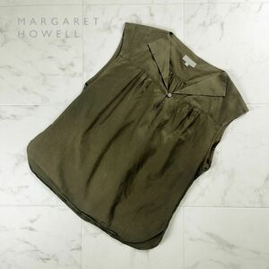 MARGARET HOWELL マーガレット・ハウエル ノースリーブブラウス デザインネック トップス レディース カーキ サイズ2*NC1198