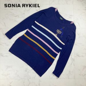 美品 SONIA RYKIEL ソニア リキエル ラインストーン マルチボーダー 長袖ニットカットソー トップス レディース 紺 サイズM*NC357