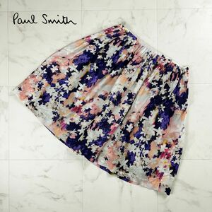 美品 Paul Smith ポール・スミス 手書き風 花柄フレアスカート バックジップ ミニ丈 裏地あり ピンク 紫 白 サイズ2*NC805