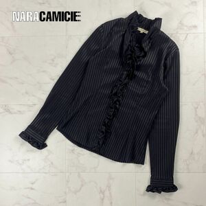 美品 NARACAMICIE ナラカミーチェ フリルデザインストライプシャツブラウス トップス レディース 黒 ブラック サイズ3*NC948
