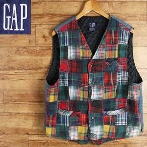 H8S/R3.14-2　90s　GAP　オールドギャップ　パッチワーク　デニムベスト　チェック柄　裏キルティング　チョッキ　ジレ　L　アウター　古着