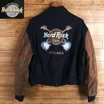 G7S/Y2.28-3　Hard Rock Cafe　ハードロックカフェ　袖革ウールスタジャン　本革　レザー切替　シカゴ　バック刺繍　バーシティジャケット_画像1