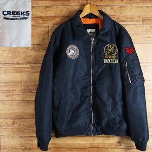 \6J/R3.14-5　アメリカ古着　CREEKS　クリークス　フライトナイロンジャケット　中綿ブルゾン　ワッペン　ミリタリー　XL　ネイビー