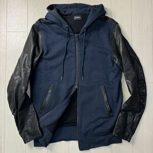 美品/M-L相当★ディーゼル/DIESEL 袖レザー 羊革 コンビパーカー フーデットジャケット ダブルジップ バイカラー プレートロゴ メンズ 紺