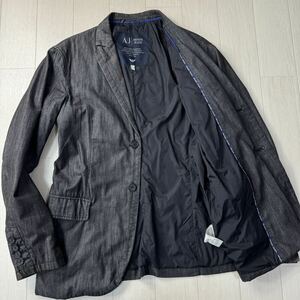 未使用並/52 XL-XXL相当★アルマーニ/ARMANI JEANS ブラックデニム ロゴパイピング テーラード シングル ジャケット ブレザー 春 メンズ