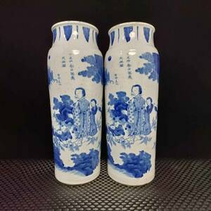 3~DM6291 中国磁器 人間国宝 陶芸 磁器『清青花人物紋筒瓶一対』施釉陶 古代工芸品 陶芸 精美彫 置物 收藏品