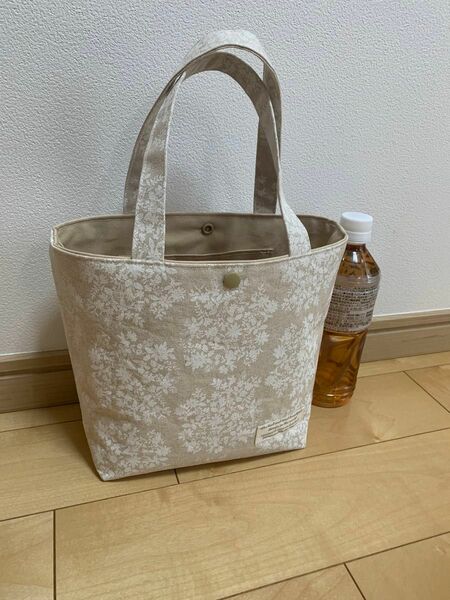 綿麻キャンバス　紫陽花　フラワー　ミニ　トートバッグ　ハンドメイド　