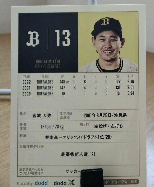 プロ野球選手カード　オリックス宮城