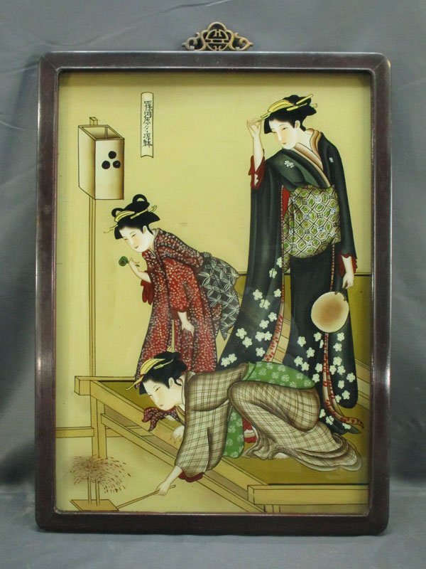 4531 Beautiful Woman Glass Painting Shijogawara Evening Cool Body Framed/Glass Painting Torii Kiyonaga Ukiyo-e Nishikie Chinese Frame Wall Decoration Wall Hanging Antique Approx. 59 x 44 cm, Artwork, Painting, others