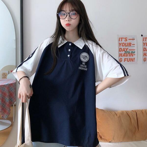 ポロシャツ 半袖 韓国 レディース ビッグシルエット ネイビー 紺 Lサイズ