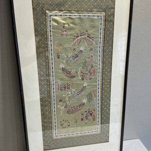 【中古】中国 刺繍 唐子図 額装済み 民国 中国画 民芸画 詳細不明 掛軸 整理品 刺繍絵 漢詩 唐詩 蒙詩 コレクション アンティーク 額 DM