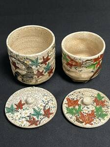 年代物☆貴重【古犬山焼　蓋つき夫婦湯呑】江戸時代末期？　陶器　さくら紅葉絵　雲錦手　骨董品　アンティーク　日本美　伝統工芸品