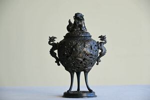 【古美術】銅香炉 アンティーク 中国古美術 龍彫刻 銅器 茶道具 インテリア 一点物 コレクタブル