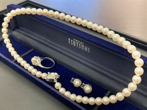 パール ネックレス 約40cm 位 35g セット 真珠 指輪 イヤリング ペア とジュエリー ツツミ の セット ケース(箱)セット