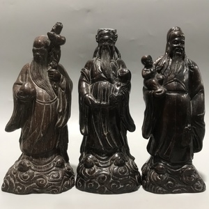 LT5344:3 乾元宝庫 古代木工 彫刻品 【「福禄寿三つ星」立像の置物です】中国骨董 伝世家珍 時代物 本物 旧蔵 珍品 