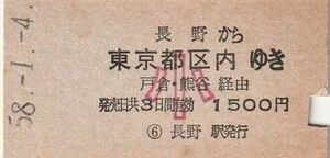 L424.信越本線　長野から東京都区内ゆき　小児常備券　戸倉・熊谷経由　58.1.4