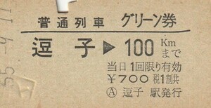 T203.普通列車　グリーン券　横須賀線　逗子⇒100キロ　55.9.11