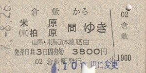 Y014.山陽本線　倉敷から米原・柏原　間ゆき　山陽、東海道本線経由　57.8.26　料金変更印