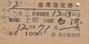 T232.【座席指定券】『第2まつしま』2等　上野⇒白河　42.5.21