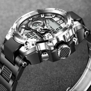 【新品・箱付き】LIGE スポーツ デュアルウォッチ メンズ腕時計 シルバー/ブラック 50m防水 ストップウォッチ デジタル クォー！！！の画像3