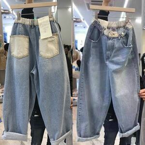 デニムパンツ デニム ジーンズ 大きいサイズ 九分丈 ウエストゴム サルエルパンツ レディース 可愛い 体型カバー 春 秋 冬 SLTB135