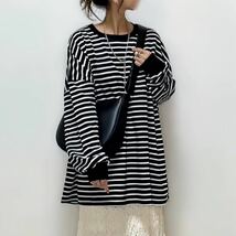 ロングTシャツ カットソー ロングT ロンT レディース 大きいサイズ ボーダー柄 ボーダーTシャツ 春秋 秋服 春服 長袖 薄手 丸首 SLUC001_画像1