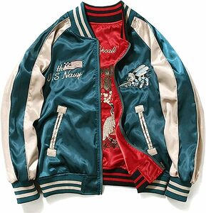 YGG★新品 リバーシブル スカジャン サテン U.S.NAVY 両面刺繍 SEA BEES 青×赤 L メンズ アウター ジャケット jacket 